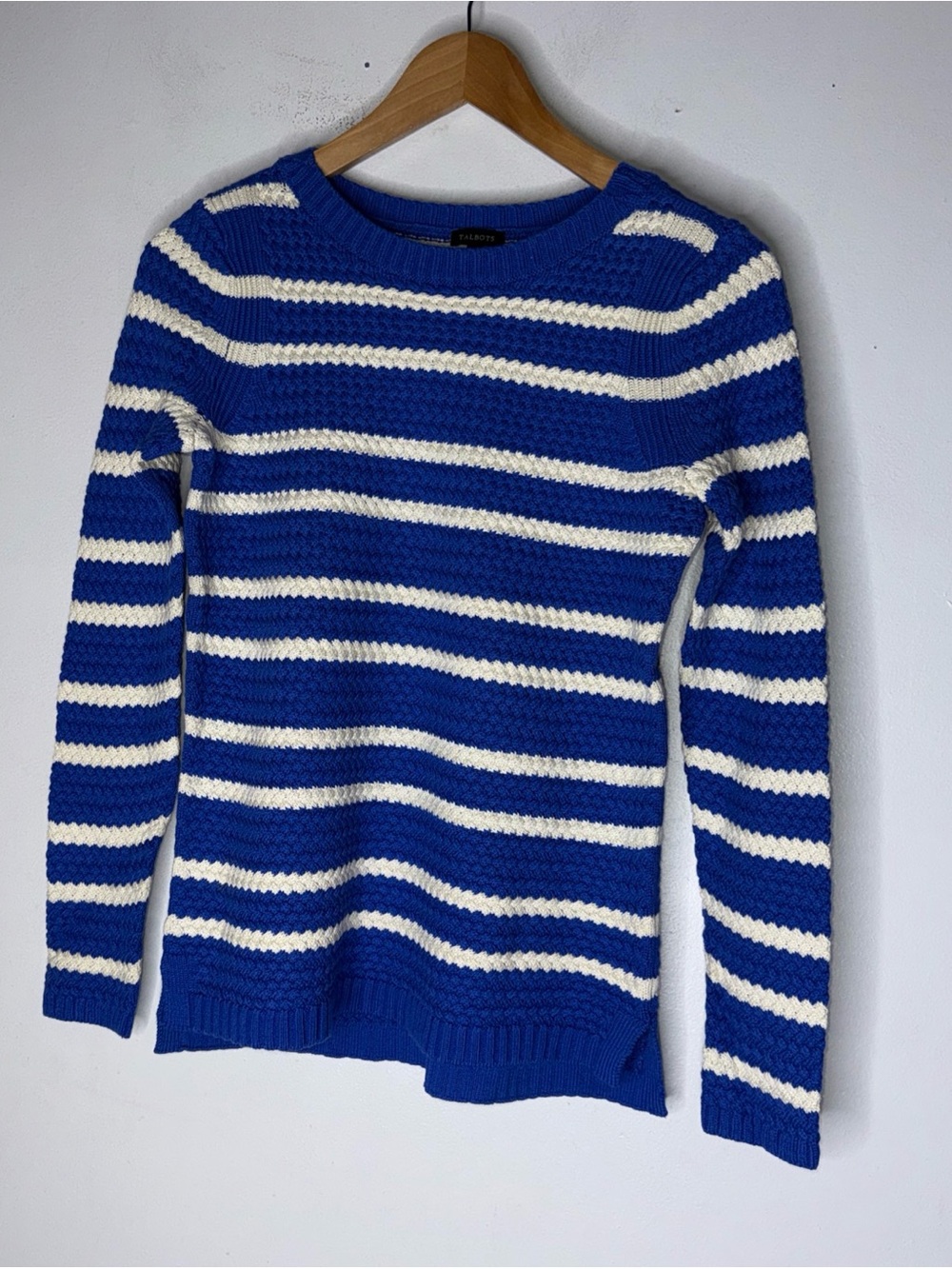 Talbots Sweater‎ Blue White Stripe Zig Zag Knit Long Sleeve Cotton XS Preppy